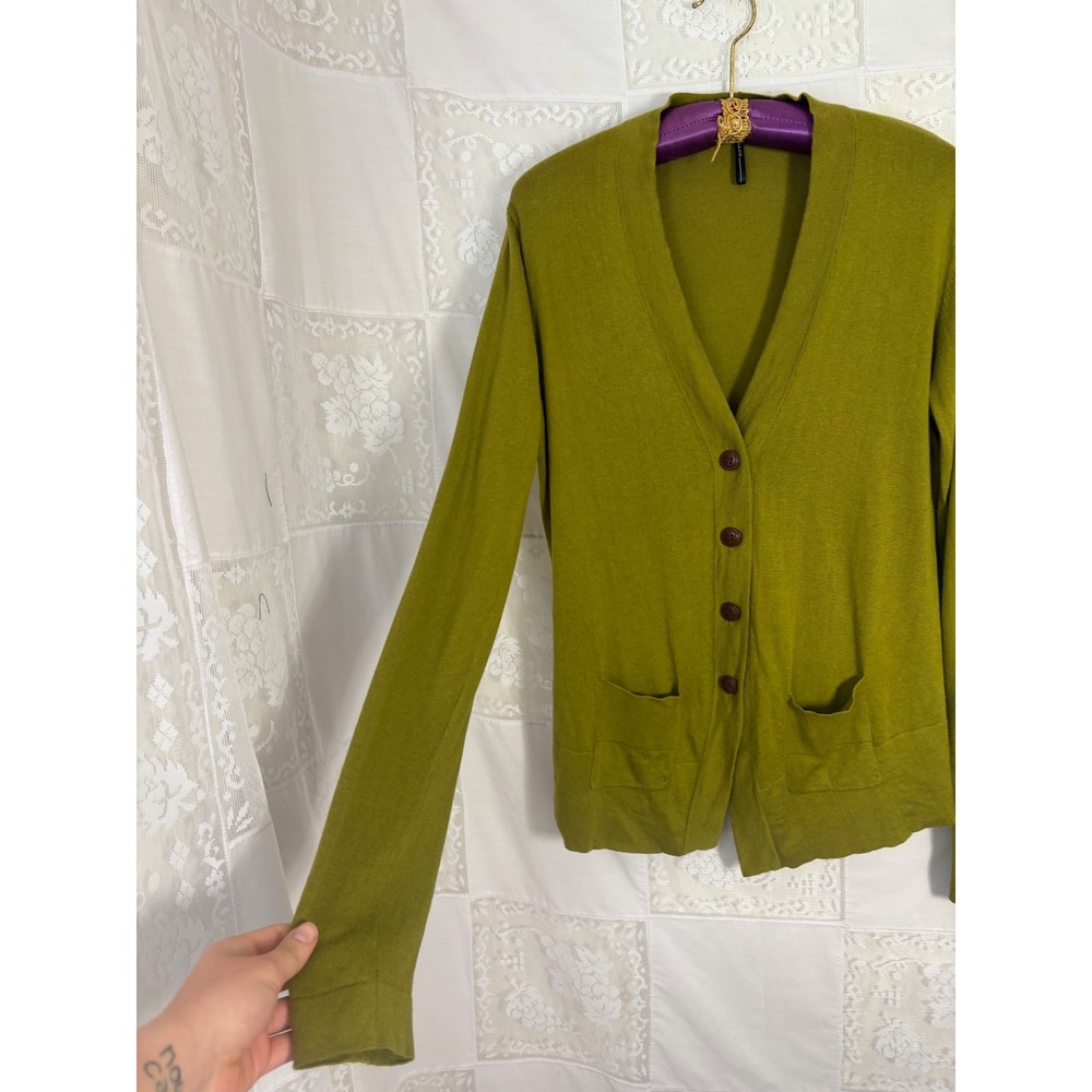 Silk Cashmere Blend Chartreuse Green‎ Boho Chic Button Front Cardigan Size L - Picture 3 of 14